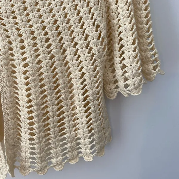 Vintage Crochet Open Knit Cardigan Sweater Medium Cream Ivory Button Up Handknit - Image 6