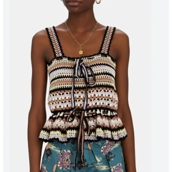 Ulla Johnson Zita Tank Honey Crochet Peplum Top Cotton Striped Multi Size P - Image 11
