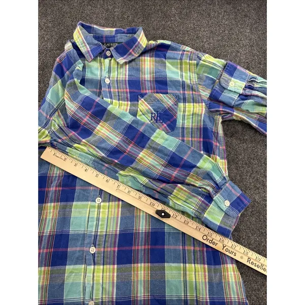 Lauren Ralph Lauren Madras Plaid Shirt Womens M Blue Green Pink RL Monogram - Image 6