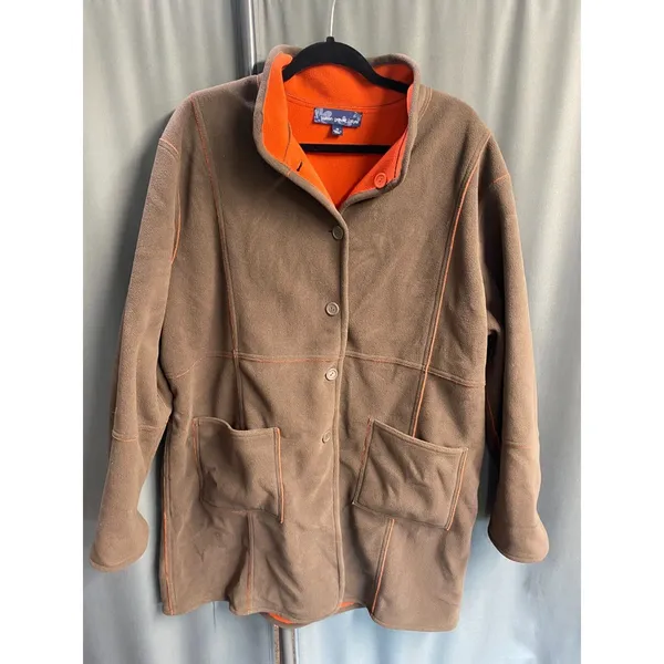 Susan Graver Fleece Jacket 1X Brown Long Sleeve Button Front Reversible B76 - Image 4