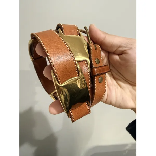Vtg DKNY‎ Belt Womens Tan Leather Gold Tone Concho Southwest Cowboy 90s 34" M/L - Image 4
