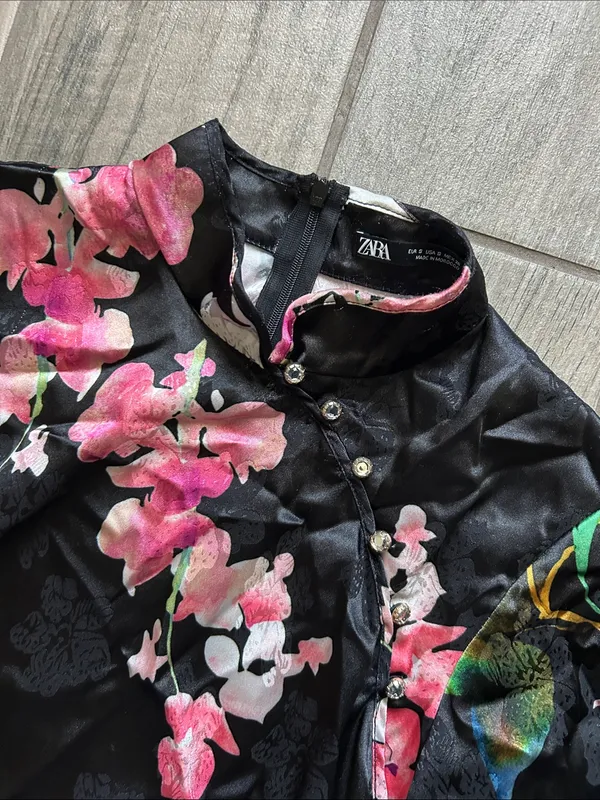 Zara Black Floral Satin Long-Sleeve Mini Dress - Image 3