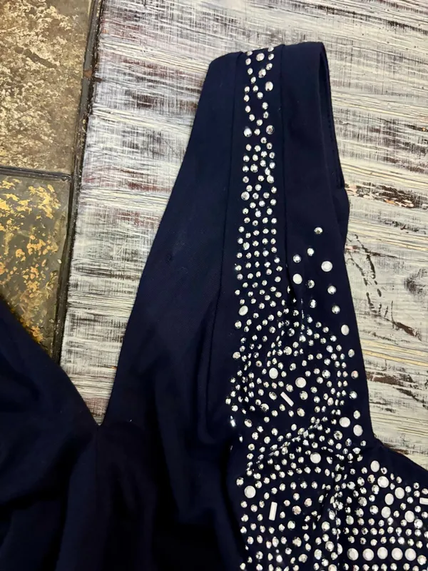 Vintage Cache Women's Evening Dress Navy Blue Maxi Beaded Chest XL Stretch Rayon - Image 3