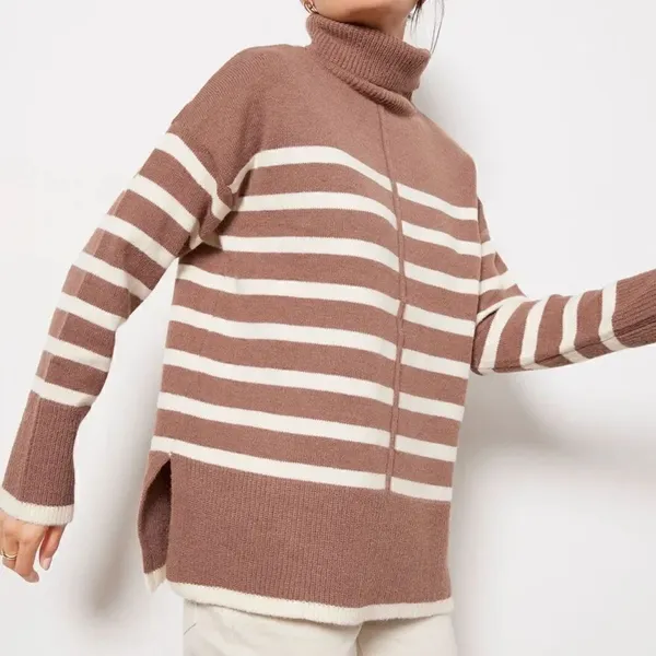 Line & Dot Stripe Pullover Tan & Cream Turtleneck Sweater(Size Medium) - Image 4