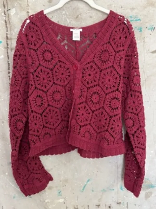 Ultra Pink Long Sleeve Crochet Cardigan - Image 3