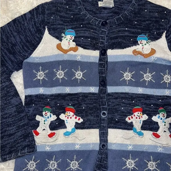Womens White Stag Vintage Ugly Christmas Sweater / Cardigan Snowmen Medium - Image 2