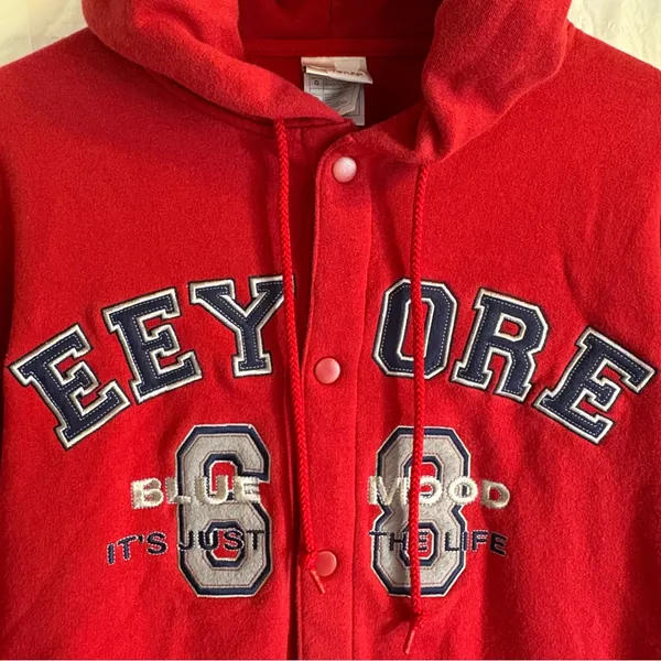 Vtg 90s Disney Eeyore Blue Mood #68 Hoodie‎ Womens L Red Snap Retro Streetwear - Image 4