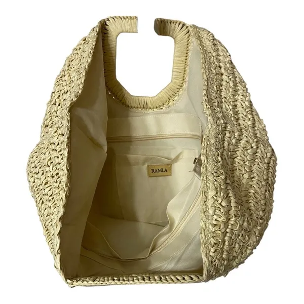 Ramla Woven Raffia Creasant Top Handle Bag Purse Tan Straw Boho Beach Vacation - Image 2