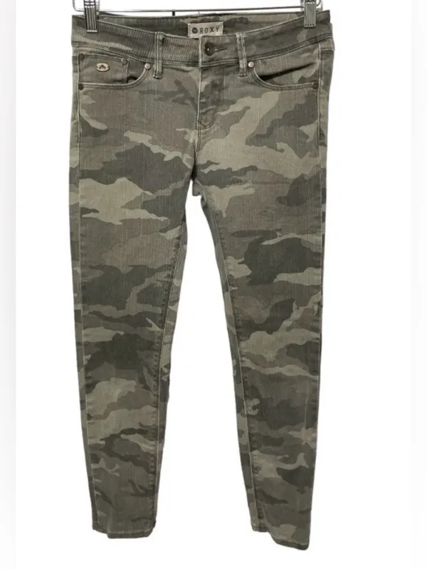 Roxy Sunstrippers Camo Skinny Jeans Size 26 Green Gray Ankle Zip Stretch Pants - Image 3