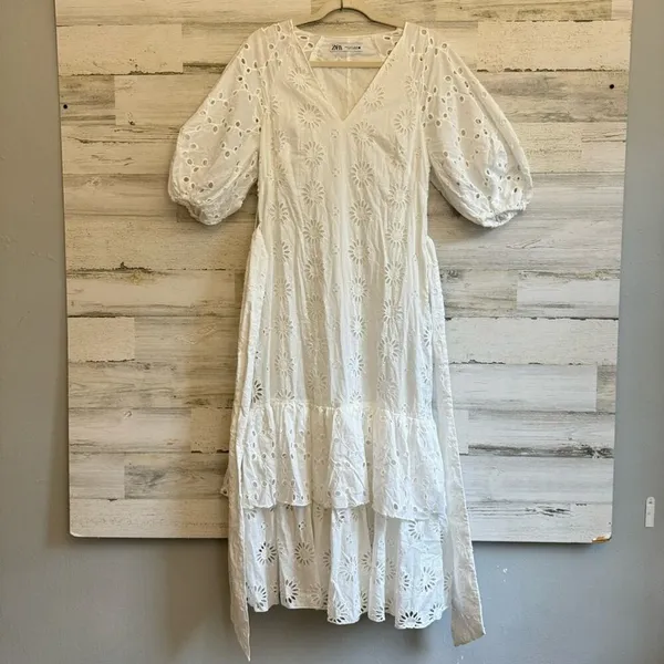Zara Eyelet Cotton Midi Dress Puff Sleeve Belted Floral Ruffle Tiered Medium - Image 4