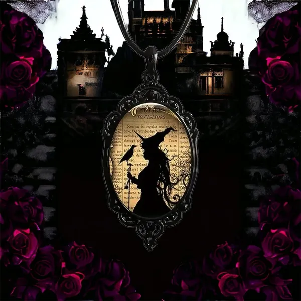Witch And Raven Cameo Black Pendant, Vintage Style Gothic Crow Glass‎ Pendant - Image 5
