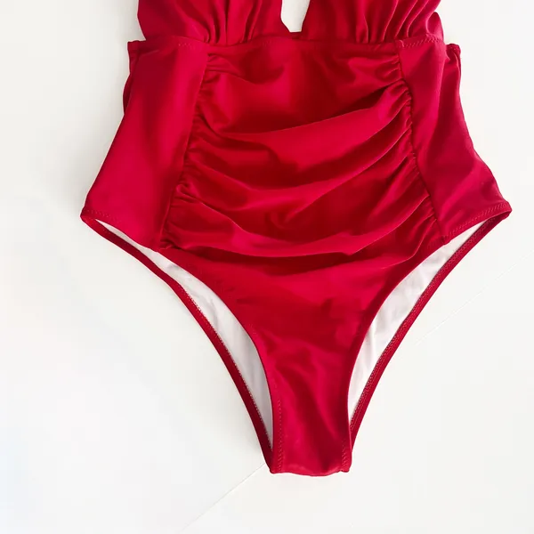 [Yolipuli] Red One Piece Convertible Swimsuit Bow Straps V-Neck Ruched Sz Large - Image 9
