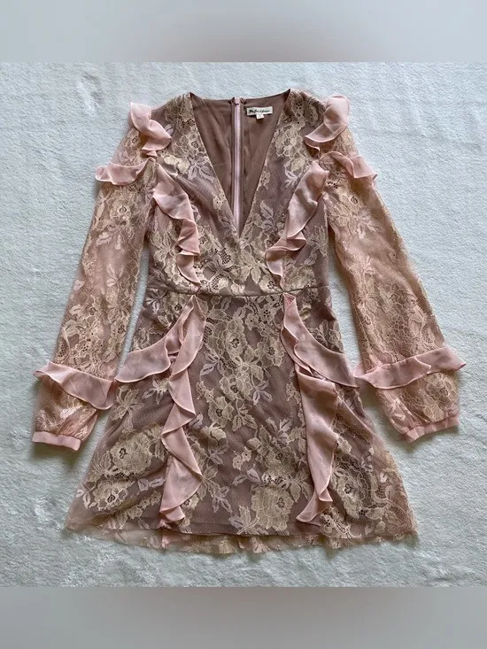 For Love & Lemons Bumble Pink Ruffle Lace Mini Dress size S - Image 2