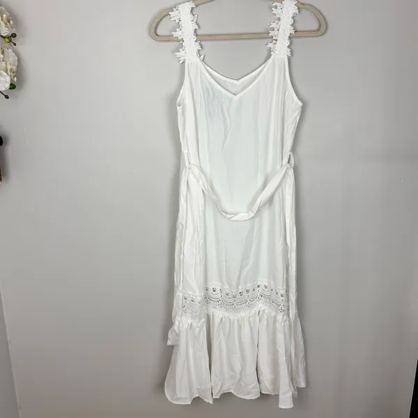Cupshe Powder Lace & Tie Midi Summer Dress White Small NWT Minimalist Vacay Feminine - Image 11