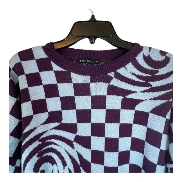 I‎ Saw It First Checkerboard Swirl Sweater Womens Medium Purple Blue Oversized - Image 3