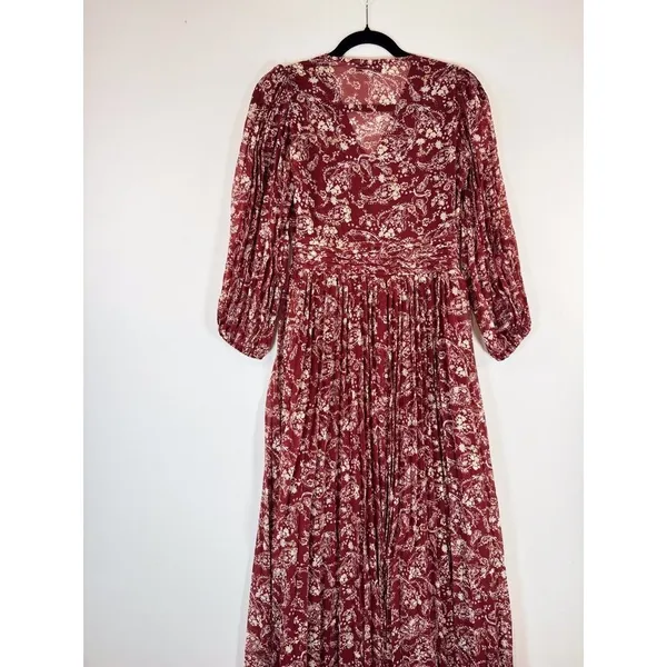En Saison Womens Dress Red Maxi V Neck Floral Puff Sleeve Pleated Fairycore XS - Image 10