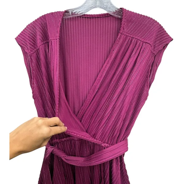 Vintage‎ Women's Plunging V Neck Wrap Midi Dress Metallic Belted Pleated Pink S - Image 3