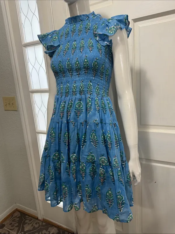 OLIPHANT 100% Cotton Smocked Flirty Ruffle Blue Block Print | Size Small - Image 9