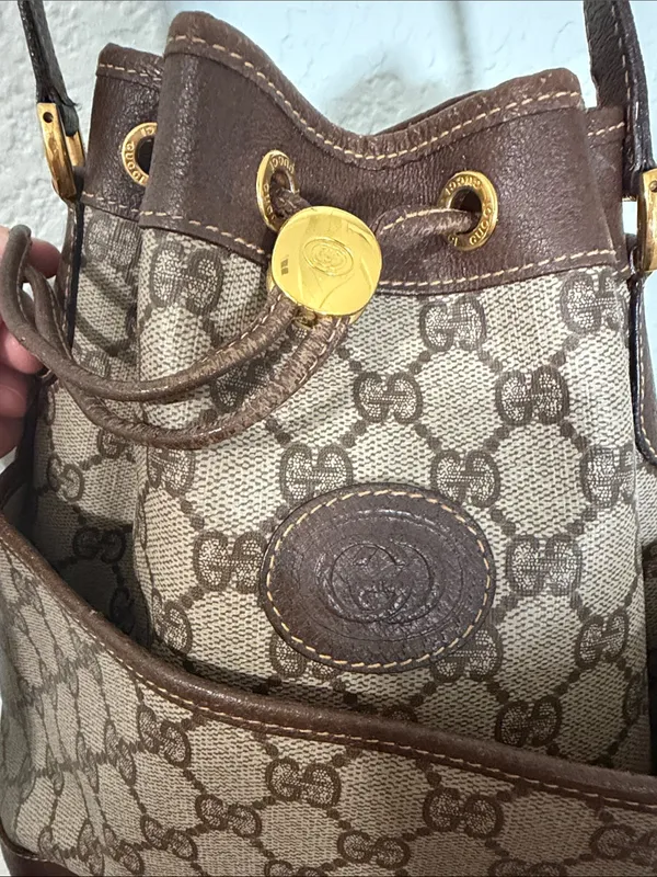 Authentic GUCCI Brown & Cream GG Supreme Monogram Drawstring Shoulder Bag Purse - Image 2