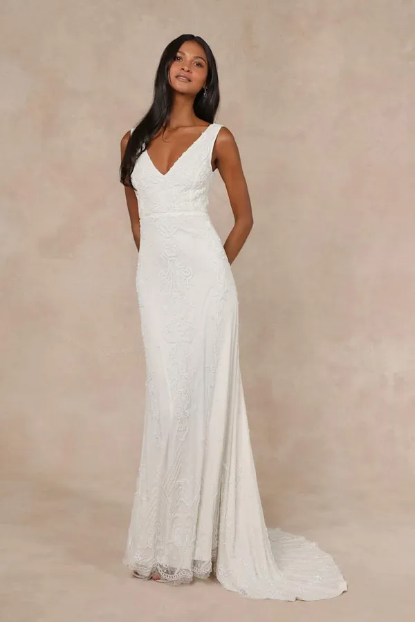 New Lulus Passionate White Beaded Sequin Mermaid Maxi Dress Size XL MSRP $318 - Image 3