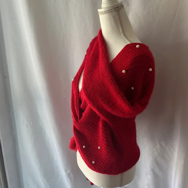 No Boundaries Red Off-the-Shoulder Sweater with Pearl Details - Image 4