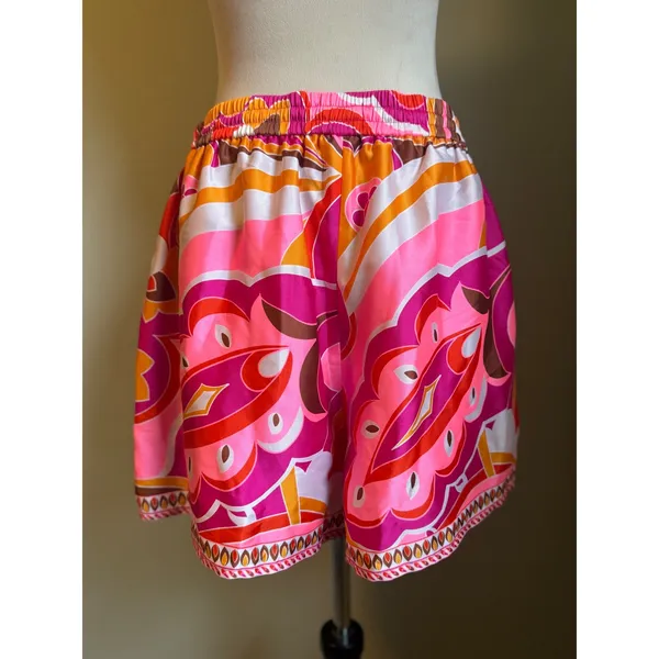 Express Pink Orange Swirl Print Elastic Waist‎ Tie Shorts L boho fairy Y2K - Image 2