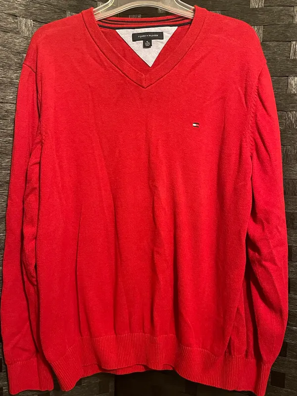 Vtg TOMMY HILFIGER LONG SLEEVE RED SWEATER SHIRT XL Vneck - Image 3