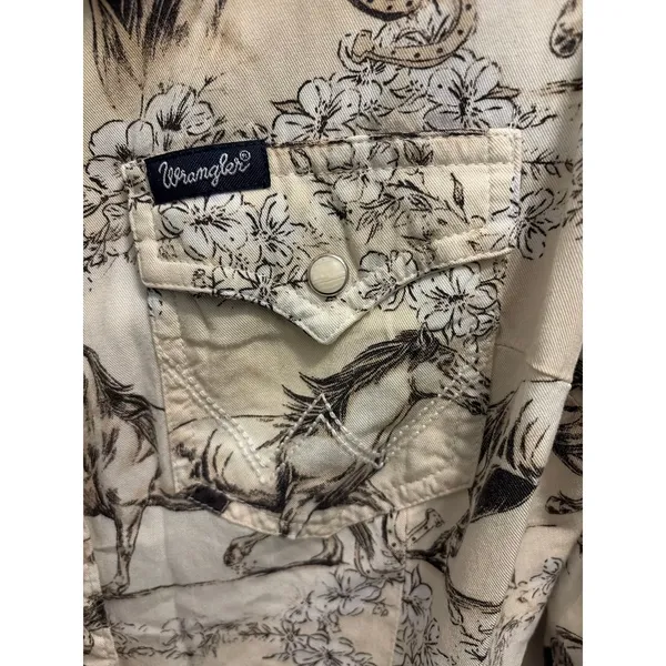 Wrangler Women Retro Western Pearl Snap Shirt Horse Print Cream Size Small S - Image 2