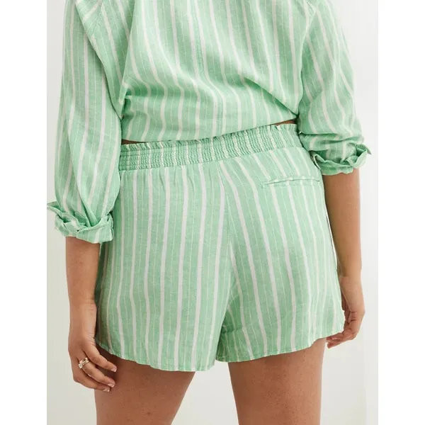 Aerie Linen Blend Striped Pull On Smocked High Waisted Shorts Celebrity Green L - Image 2