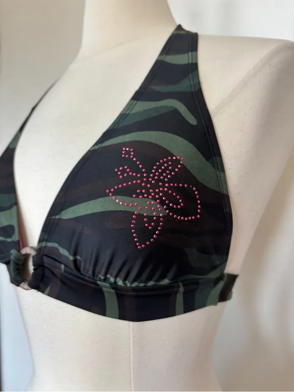 Y2K Camo Pink Triangle Bikini Crop Top Green Size 10 - Image 4