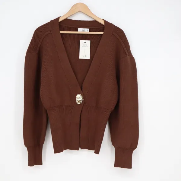 Stile by Per Lei Brown Ribbed Cardigan Statement Button Sweater L - Image 2