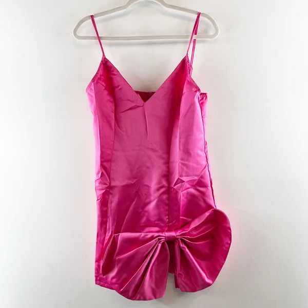 PrettyLittleThing Bow Hem Satin Mini Slip Dress Pink 10 - Image 2
