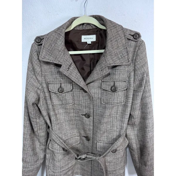 Merona Jacket Belted Herringbone Wool Blend Women's XXL Brown Tweed Workwear - Image 2