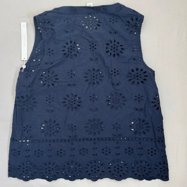 Caslon Sleeveless Top Womens Size S Navy Blue Eyelet V-Neck Floral - Image 3