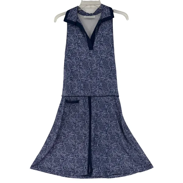 Scratch Seventy Sleeveless Collared Golf Tennis Polo Dress Blue Paisley Size M - Image 2