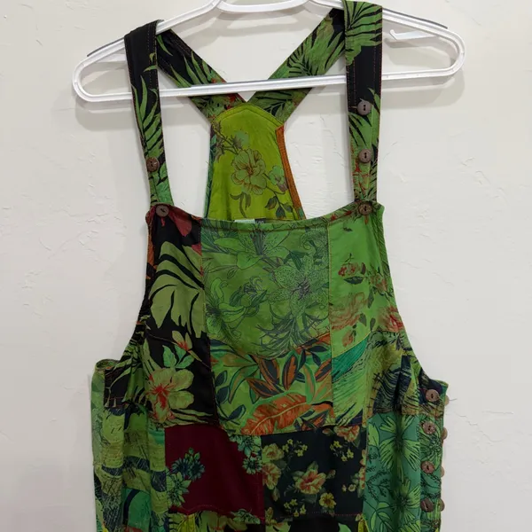 Dungarees L/XL Overalls Green Floral Patchwork Viscose Boho Hippie Stretch Artsy - Image 4
