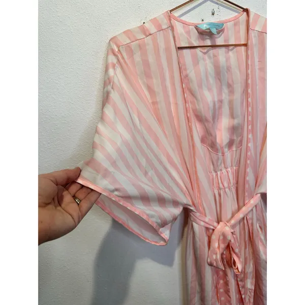 Betsey Johnson Pink White MRS Bridal Striped Kimono Robe Embroidered sz Medium - Image 4