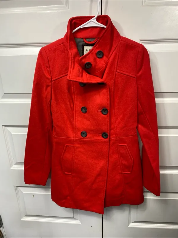 Old Navy Red Pea Coat Wool Blend XS Extra Small Winter Preppy Classic Outerwear - Image 7