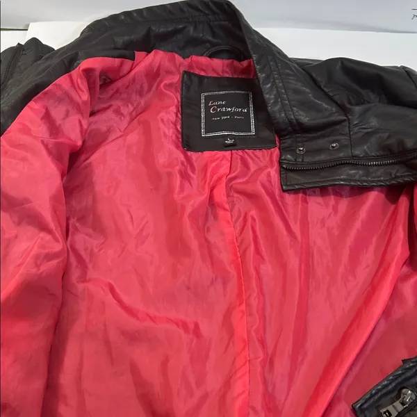 Black Faux Leather Jacket with Pink Lining Size L - Image 10