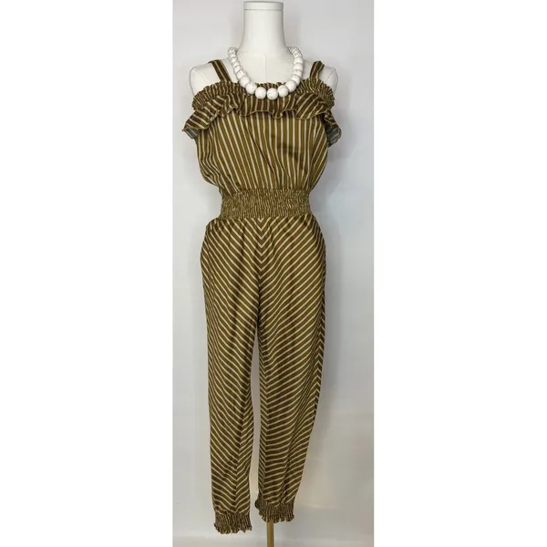 RW&A Rwanda Clothing Women Olive Striped Cold Shoulder Smocked Waist Jumpsuit - Image 3