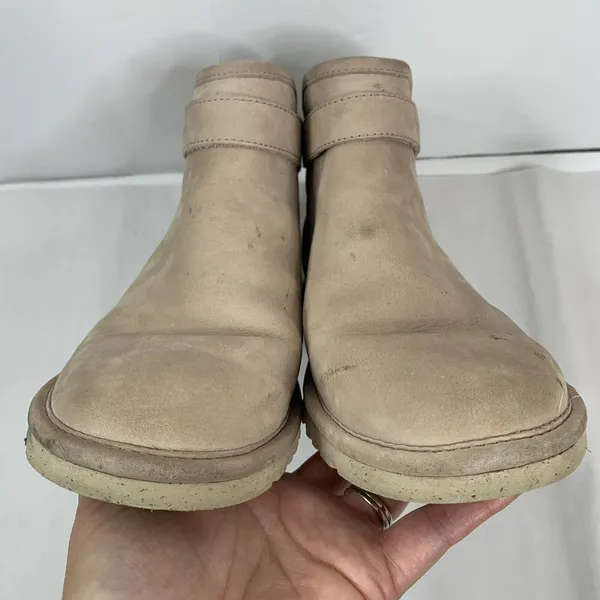 Ugg Sz 6 Boots Rella Beige Suede Shearling Lined Ankle Short Booties Snap Strap - Image 9