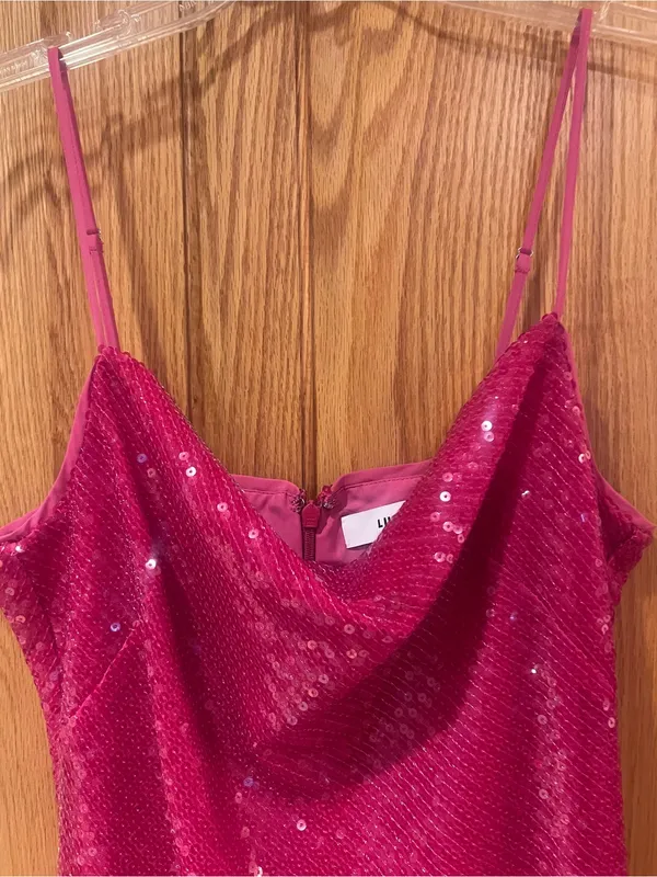 LIKELY Sequin Spaghetti Strap Draped Cowl Neck Mini Dress Fuchsia Pink Size 8 - Image 4