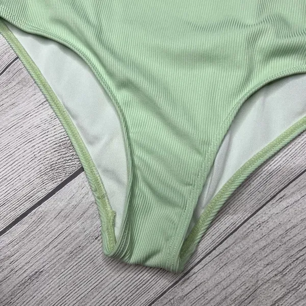 Zaful Sage Green Crinkle Ribbed One Piece Deep Scoop Neck One Piece Swimsuit S - Image 2