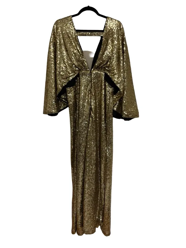NEW BABEYOND Scoop Neck Sheer Angel Sleeve Maxi Dress Gold Sequin - Size 2X - Image 3