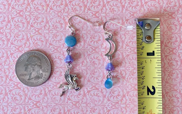 Handmade Czech glass beads whimsical fairy Pegasus & moon dangle earrings 🌙🦄 - Image 5