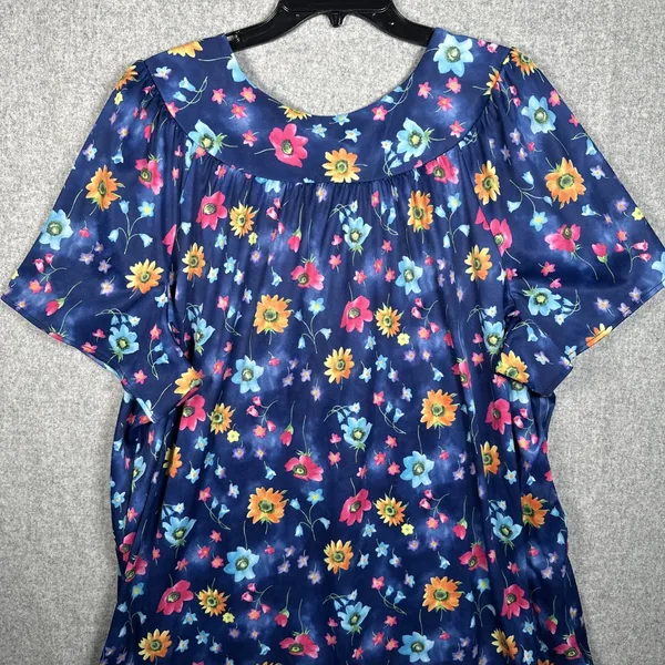 Vintage Plus Size 1X Womens Top MuuMuu Shirt Peasant Hawaiian Floral‎ Boho Blue - Image 10
