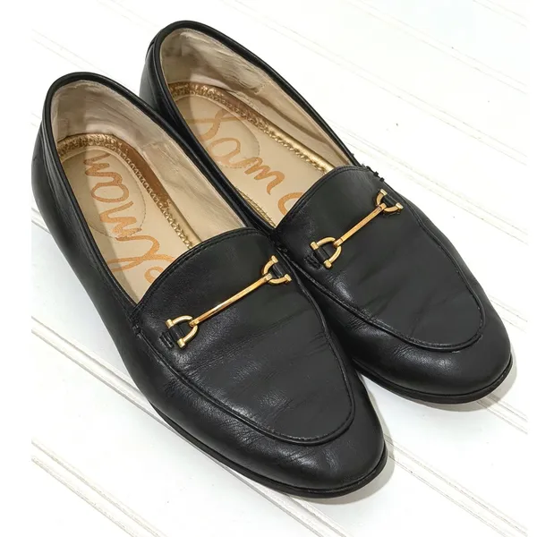 Sam Edelman Loraine Black Leather Horsebit Loafers Gold Hardware Flat Shoes - Image 6