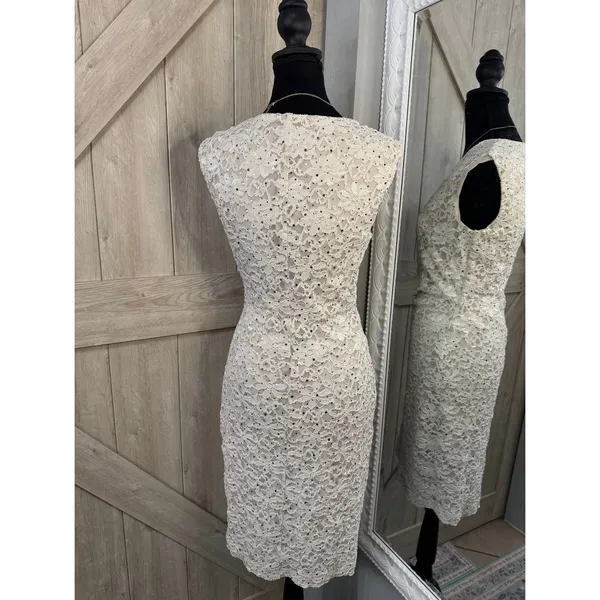 Connected Apparel Vintage Sequined White Lace Faux-Wrap Cocktail Dress - Small - Image 7