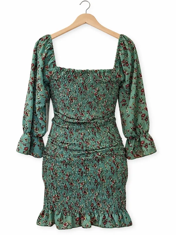 Timing Floral Ruched Smocked Bodycon square neck mini Dress M NWT cottagecore - Image 2