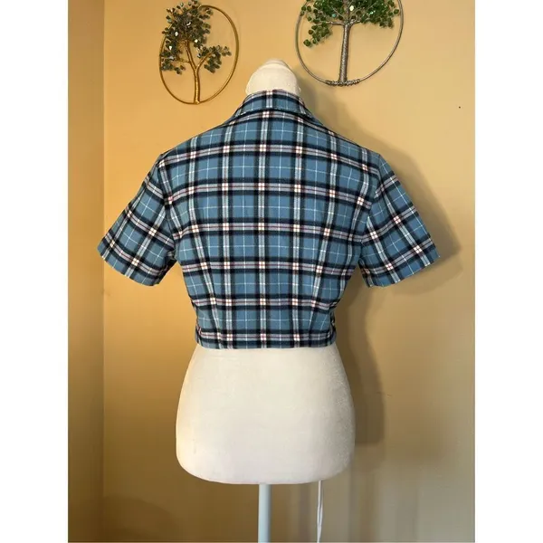 John Galt Blue Plaid Cropped Button Front Top One Size (XS / S) - Image 2